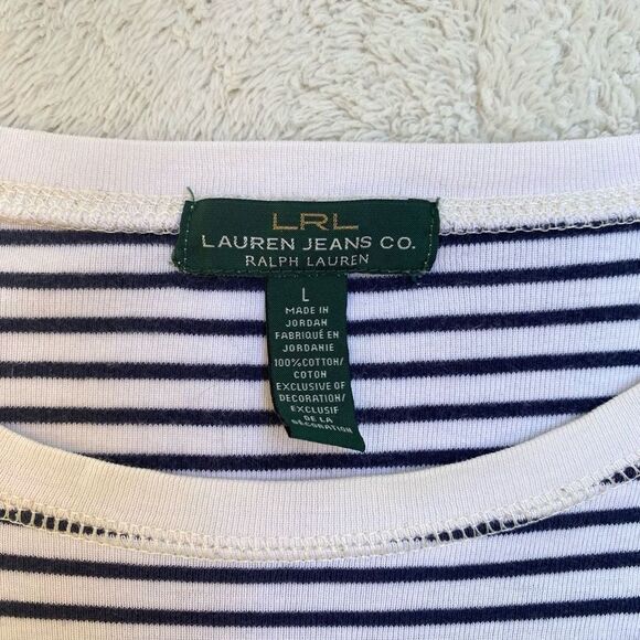 Lauren Jeans Co Navy Blue Stripe Elbow Patch Zipper Top - Picture 4 of 6